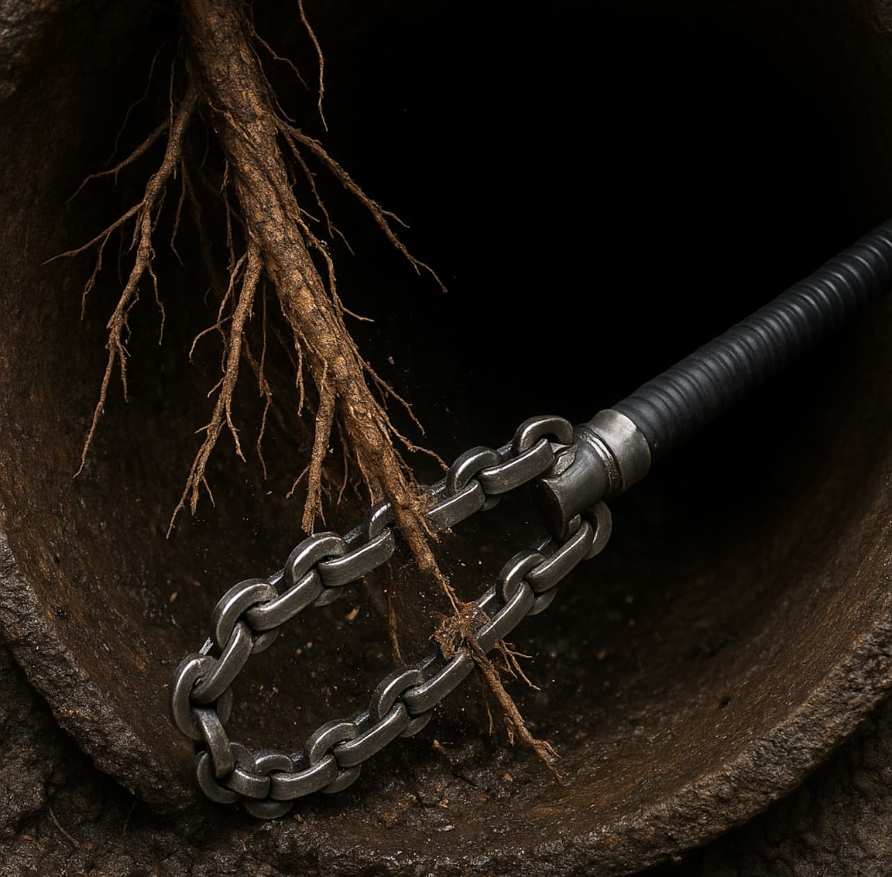 Worker installing blue pipes in excavated area